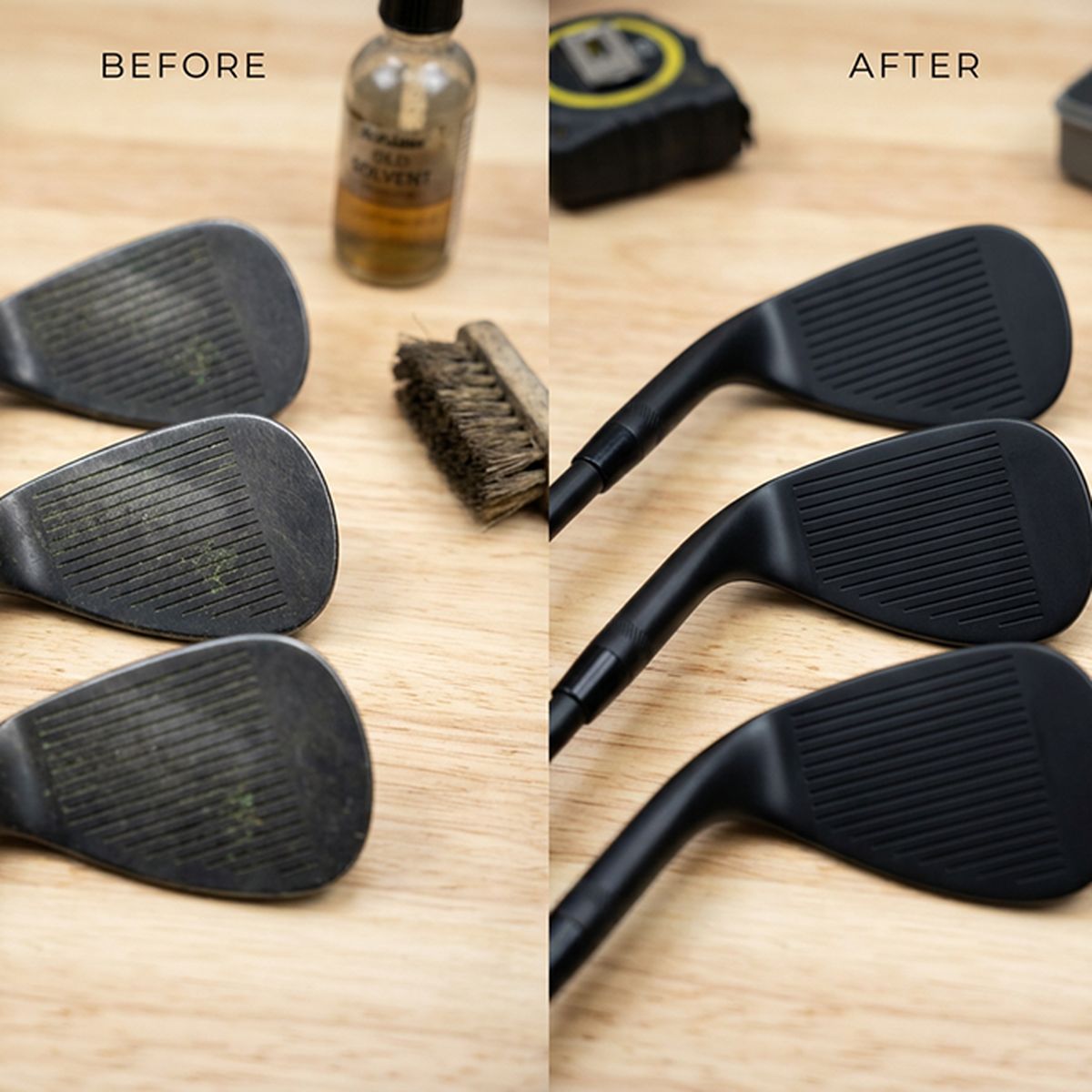 Before and after: three worn wedges refinished to a clean matte black finish